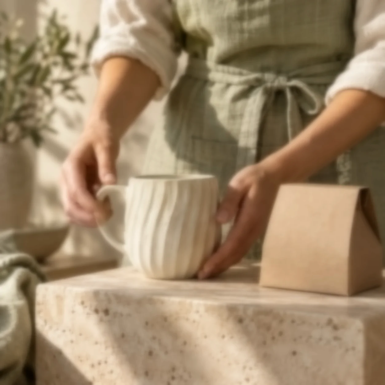 Hände präsentieren eine Keramiktasse — Unschärfe im Bildbeispiel