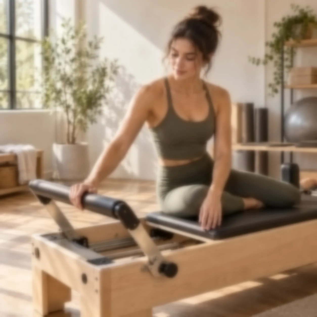 Eine Frau demonstriert einen Pilates-Reformer — Unschärfe im Bildbeispiel